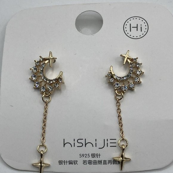 Crescent Moon and Stars drop‎ Dangle Rhinestone Gold Tone 1.75" EARRINGS - Picture 1 of 7